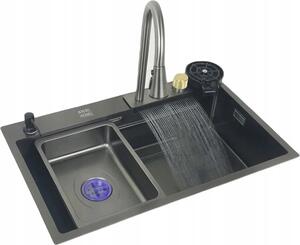 Lavello in acciaio 75x45 con rubinetto a cascata, grafite + set di accessori
