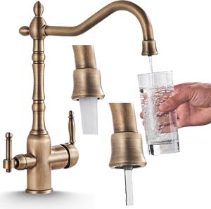 Rubinetto da cucina retrò a 3 vie con attacco per filtro dell'acqua, bocca fissa, orientabile a 360°, bocca singola, cartuccia in Vetroceramica dorata