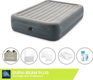 Letto ad aria Intex - 2 persone - 152 x 203 x 46 cm - Grigio - Con pompa incorporata + lenzuola bianche + cuscino + federe Molton 2 in 1 + set di riparazione