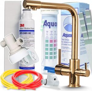 Miscelatore da cucina Ari Venom a 3 vie, finitura oro lucido, con sistema di filtrazione dell'acqua da incasso 3M AP2-C405-SG