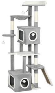 Albero Tiragraffi per Gatti 48x40x165 cm con 2 Casette Rampa Trespoli in Peluche e Sisal Grigio e Bianco