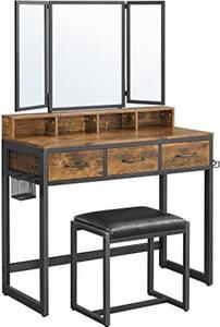 Set da toilette rustico nero/marrone con specchio e sgabello