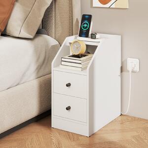 Costway Comodino camera da letto con stazione di ricarica 2 cassetti e scomparto, Mobiletto stretto e bianco moderno e salvaspazi Bianco