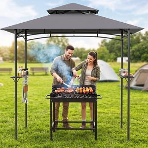 Costway Gazebo esterno con 2 tavoli da bar in metallo e 8 ganci laterali, Gazebo per barbecue con tettoia a due livelli Grigio
