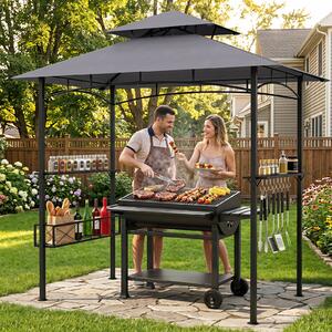 Costway Gazebo per barbecue con cestino portaoggetti 2 ripiani e 8 ganci protezione solare, Gazebo da giardino a 2 livelli Grigio