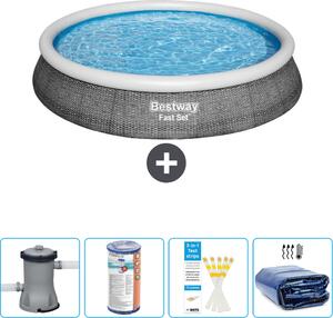 Piscina gonfiabile rotonda Bestway a presa rapida - stampa rattan - 396 x 84 cm - inclusa pompa - filtro - strisce reattive - tenda parasole