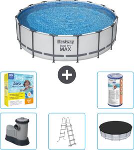 Piscina Bestway Round Steel Pro MAX - 488 x 122 cm - grigio - inclusa pompa - scaletta - copertura pacchetto manutenzione - filtro