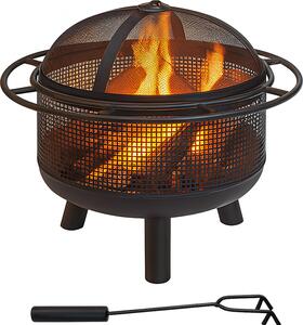 Braciere Relaxdays con parascintille, HD: 52x60 cm, attizzatoio, giardino e terrazza, braciere da esterno, ferro, nero