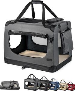 Scatola da trasporto per gatti in tessuto lionto pieghevole, ventilata con accesso a zip e morbido cuscino interno, 50x34x36 cm, grigio