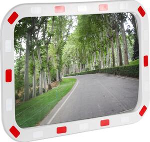 Specchio per il traffico Wiltec 70 x 90 cm convesso, specchio di sicurezza angolare con strisce riflettenti rosse e bianche, specchio convesso infrangibile in plastica, specchio di sorveglianza per le uscite