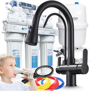 Rubinetto da cucina a 3 vie Ari Nordic con doccetta estraibile e doppia uscita per acqua filtrata, nero opaco, miscelatore girevole