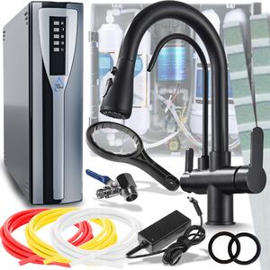 Miscelatore da cucina Ari Nordic a 3 vie, nero opaco, estraibile a 360°, con filtro per acqua a osmosi inversa RO Pad e sistema di nanofiltrazione da incasso sottobanco per cucina