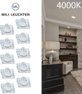 Set da 10 faretti da incasso MILI 5W 4000K luce diurna 230V 400 lumen trasparente, con modulo LED sostituibile e profondità di incasso ridotta