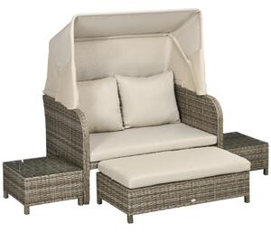 Outsunny Set da giardino 4 pezzi divano 2 posti + 1 poggiapiedi + 2 tavolini con cuscini beige marrone