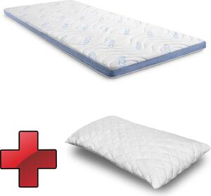 Topper in schiuma fredda CloudComfort Cool 90 x 200 cm H2/H3, altezza 7 cm, livello di compattezza H2/H3, topper a 7 zone con lato estivo e invernale + cuscino in gel-flake CloudComfort Basic 40 x 80 cm
