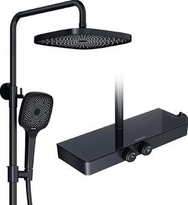 Sistema doccia Rainsworth con termostato e ripiano in vetro nero - Miscelatore doccia completo di doccia a pioggia 26 x 26 cm, doccetta 3 modalità di getto e bocca inferiore - Set doccia a pioggia con miscelatore