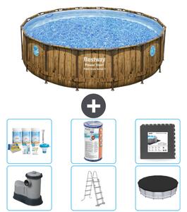 Piscina Bestway Round Power Steel Swim Vista - stampa su legno - 488 x 122 - compresa pompa - scaletta - copertura pacchetto manutenzione - filtro - pavimento in piastrelle