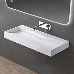 Doporro Lavabo da Appoggio Bagno Sospeso Lavandino Rettangolare in Marmoresina con Piletta di Scarico Inclusa Colossum19, 100x46x11 cm Bianco Lucido Senza Foro per Rubinetto