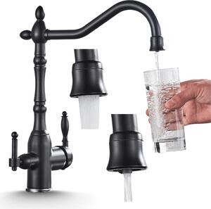 Rubinetto da cucina a 3 vie in stile retrò con attacco per filtro dell'acqua, bocca fissa, orientabile a 360°, bocca singola, cartuccia in Vetroceramica nero opaco