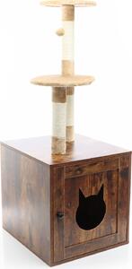 Fudajo tiragraffi in legno 125 cm con casetta per gatti, tiragraffi di design in marrone vintage, casetta per gatti 2in1 con lettiera, albero di arrampicata per gatti