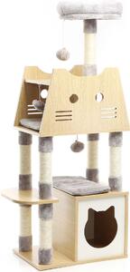 Tiragraffi Fudajo con legno 126 cm in grigio, tiragraffi per gatti con casetta e grotta per gatti, albero per gatti con lettino e sisal, mobili per gatti con palline da gioco