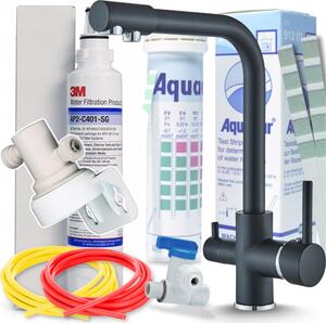 Miscelatore da cucina a 3 vie Ari, nero cromato, con filtro per acqua potabile 3M AP2-C405-SG e sistema di filtrazione sottobanco per la cucina