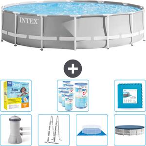 Piscina Intex Round Prism Frame - 427 x 107 cm - Grigio - inclusa pompa - scaletta - telo di fondo - pacchetto di manutenzione della copertura - filtro - piastrelle per il pavimento