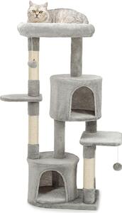 Tiragraffi per gatti lionto 115 cm, albero di arrampicata stabile con 3 livelli, 2 grotte e 4 paletti in sisal, incl. supporto da parete, grigio chiaro