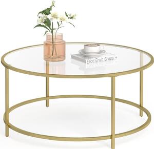 Tavolino VASAGLE, tavolino rotondo, 84 x 84 x 45,5 cm, tavolino in vetro con struttura in metallo, vetro temperato, comodino, tavolino per divano, per balcone, oro