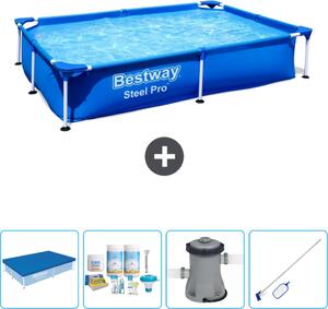 Piscina Bestway Steel Pro rettangolare - 221 x 150 x 43 cm - blu - include copertura - pacchetto manutenzione - pompa - kit pulizia