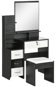 HOMCOM Set da toeletta tavolo da trucco con sgabello imbottito grande specchio + più ripiani aperti + 4 cassetti nero bianco