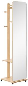 HOMCOM Specchio a Terra con Ruote - Appendiabiti, 4 Ganci Ripiano MDF Effetto Legno Chiaro