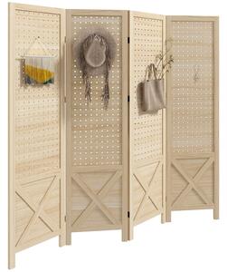 HOMCOM Paravento interno in legno 4 pannelli separatore di ambienti pieghevole pannello perforato 152 x 1,7 x 144,5 cm legno naturale