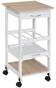 HOMCOM Carrello da servizio carrello da cucina a ruote 2 ripiani + piano estraibile + cassetto legno di pino bianco quercia chiara