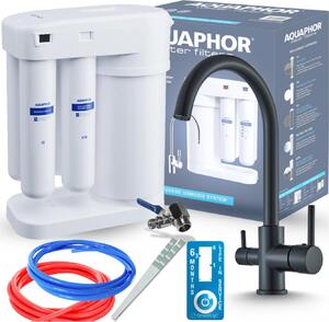 Rubinetto da cucina a 3 vie Ari Linko, miscelatore nero opaco, canna girevole 360°, collegamento per filtro acqua, cartuccia Vetroceramica
