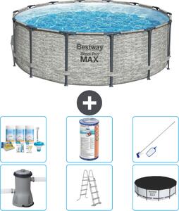 Piscina Bestway Round Steel Pro MAX - stampa su pietra - 427 x 122 cm - inclusa pompa - scala - copertura pacchetto manutenzione - filtro - kit pulizia