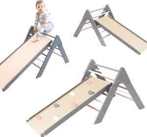 Triangolo di arrampicata, struttura di arrampicata in legno per bambini Triangolo di germogli, scivolo per bambini | rosa-grigio