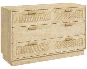 HOMCOM Cassettiera 6 Cassetti Stile Boho per Camera e Ingresso in Legno e Rattan, 110x40x69 cm, Rovere | Aosom Italy