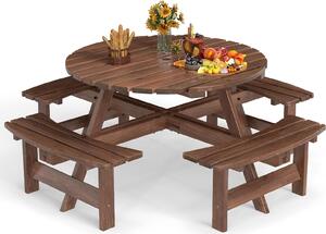 Set di tavolo e sedie da picnic in legno per 8 persone, tavolo rotondo da campeggio con foro per ombrellone, tavolo rotondo da esterno con 4 panche curve incorporate