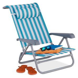 Sdraio pieghevole Relaxdays, regolabile su 8 posizioni, con cuscino per il collo, braccioli e apribottiglie, blu/bianco