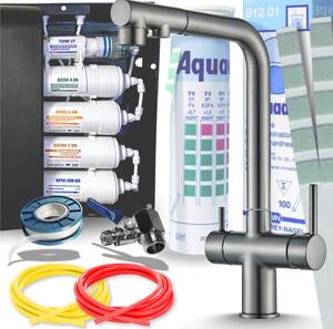 Ari Venom 2 - Miscelatore da cucina a 3 vie, color grafite, estraibile a 360°, con sistema di filtraggio dell'acqua a 5 stadi e filtro per acqua potabile da incasso sottobanco per cucina