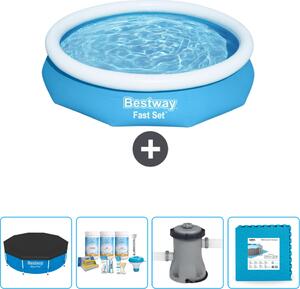 Bestway piscina gonfiabile rotonda ad ambientazione rapida - 305 x 66 cm - blu - include copertura - pacchetto manutenzione - pompa - piastrelle per il pavimento