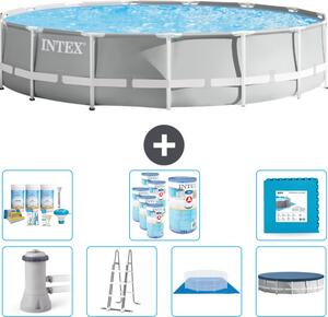 Piscina Intex Round Prism Frame - 457 x 107 cm - Grigio - inclusa pompa - scaletta - telo di fondo - pacchetto di manutenzione della copertura - filtro - piastrelle per il pavimento