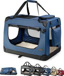 Scatola da trasporto per gatti in tessuto lionto, pieghevole e ventilata, con accesso a cerniera e morbido cuscino interno, 60x42x44 cm, blu scuro