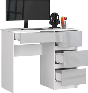 BDW Scrivania per ufficio con 4 cassetti, scrivania da gioco, bianco/grigio lucido destro