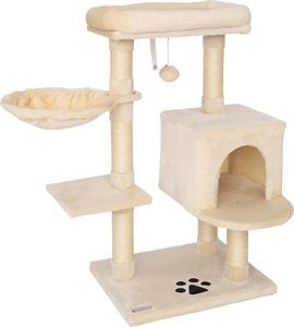 Tiragraffi lionto 93 cm con grotta, abbeveratoio, palla da gioco e paletti in sisal, albero per gatti compatto, beige