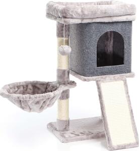 Tiragraffi Fudajo in grigio alto 71,5 cm, tiragraffi per gatti con piattaforma di osservazione, albero per gatti con mangiatoia, tiragraffi e casetta, albero da arrampicata per gatti