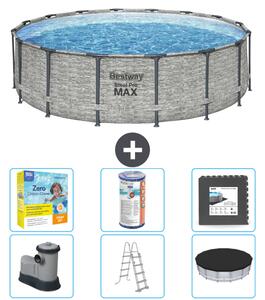 Piscina Bestway Round Steel Pro MAX - stampa su pietra - 488 x 122 cm - inclusa pompa - scala - copertura pacchetto manutenzione - filtro - pavimento in piastrelle