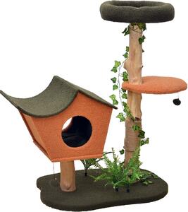 Tiragraffi Fudajo con decorazione vegetale 114 cm, tiragraffi per gatti con pelliccia di orsetto e legno di pero, casetta per gatti con palline da gioco, mobili per gatti con piattaforme