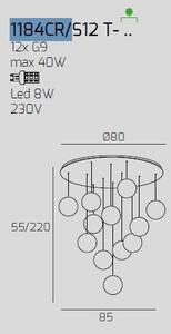 Sospensione cromo 12 luci tonda vetri 6x br + 6x am 1184cr-s12 t-ab